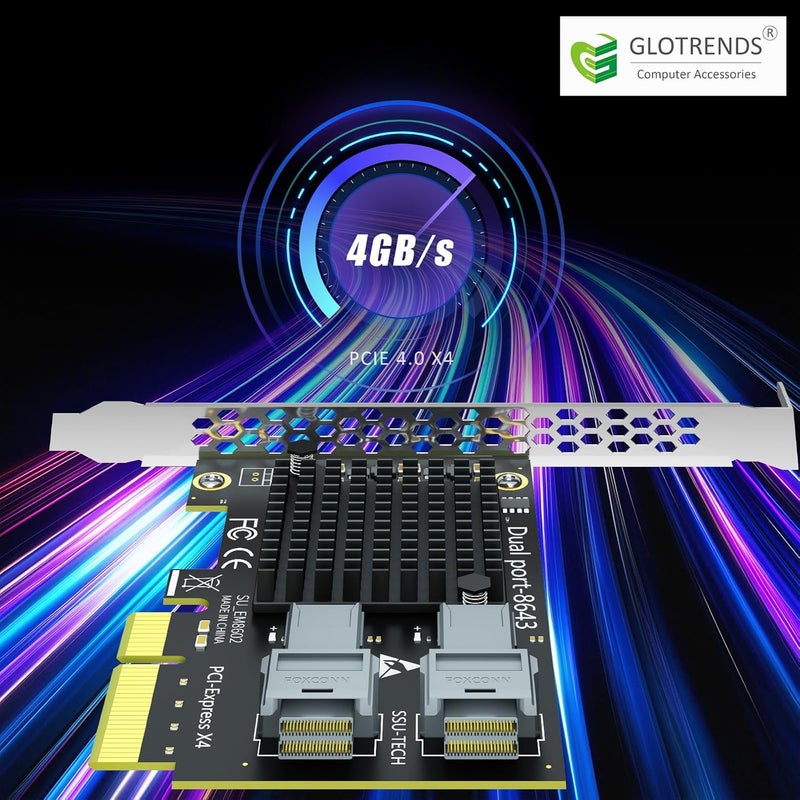 GLOTRENDS بطاقة محول SF22 2-Port SFF-8643 (Mini-SAS HD) إلى PCIe 3.0 X4 مع وظيفة تقسيم PCIe، حوامل عادية ومنخفضة الملف - Image 5